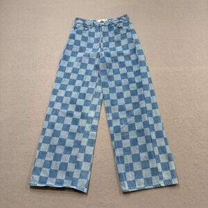 Twik Wide Leg Jeans Women's 27 Blue Checkered High Rise Relaxed Fit Y2K Style